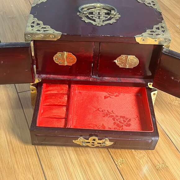 Vintage Chinese-Inspired Wooden Jewelry Box W/ Brass & Mother-Of-Pearl Inlay - Picture 6 of 11